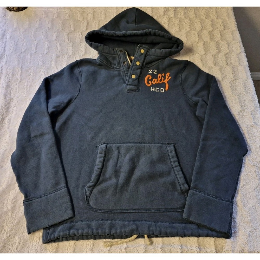 Vintage Y2K Hollister Surf Co Henley Hoodie Sweatshirt Men's XL Blue Embroidered